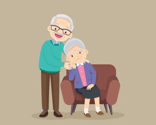 悲しい高齢女性退屈 悲しいシニア女性座っているとシニア男慰める彼女の動揺 おばあちゃんを慰め祖父 — ストックベクタ