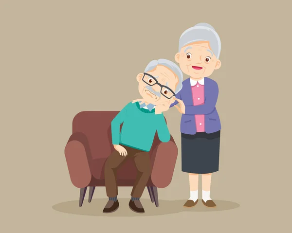 悲伤的老人厌烦了 悲伤的老人坐着 年长的女人安慰着她 祖母安慰着祖父 — 图库矢量图片
