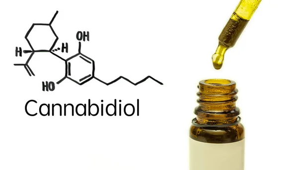 Cannabidiol CBD oil with molecule chain on white — Stock Photo, Image