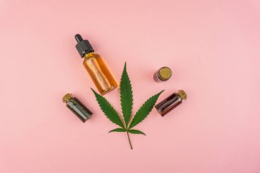 Pastel pembe tam spektrum Cannabidiol Cbd yağları ve Esrar yaprağı ile çeşitli şişeler