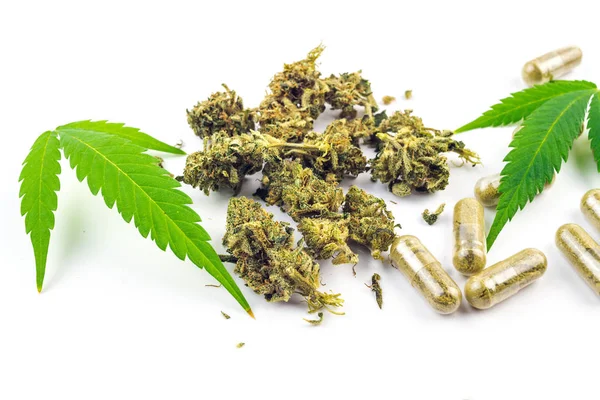 Overhead tiro de pílulas CBD botões de flores e folhas de Cannabis isolado — Fotografia de Stock