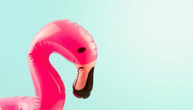 Gökyüzü ve parlak güneşe karşı pembe şişme Flamingo