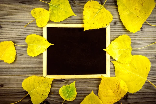 Coloridas hojas amarillas de otoño sobre mesa de madera y pizarra — Foto de Stock