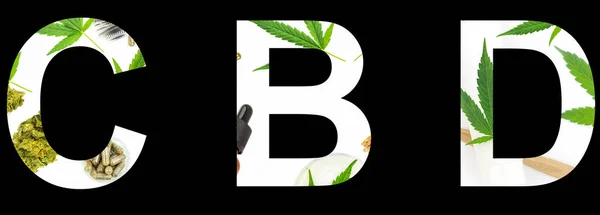 CBD carta palavra colagem em preto contra vários produtos de cannabis — Fotografia de Stock