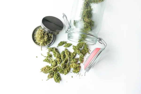 Homegrown Marijuana Mason Jar Tunas Grinder Isolated White Medical Cannabis — Stok Foto