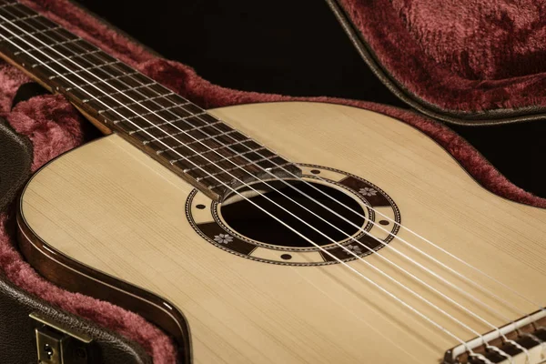 Guitarra acústica senta-se em caixa forrada de veludo vermelho — Fotografia de Stock