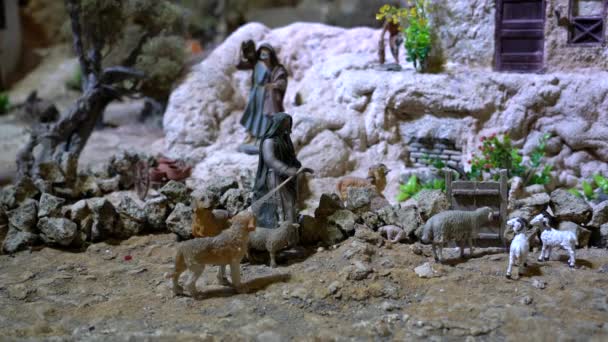 Co do wielkości animowanego szopka w Ameryce Południowej. Shephard i jego stado owiec i kóz. — Wideo stockowe