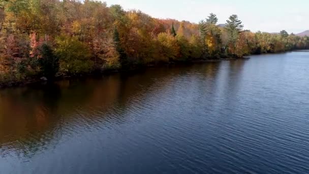 Drone aéreo: vuela sobre el lago hacia la costa en otoño en Vermont — Vídeos de Stock