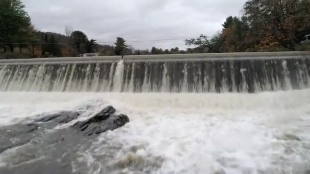 Aerial Drone - Fly Over Artificial Spillway Near Waitsfield Covered Bridge in Vermont. — Stock Video