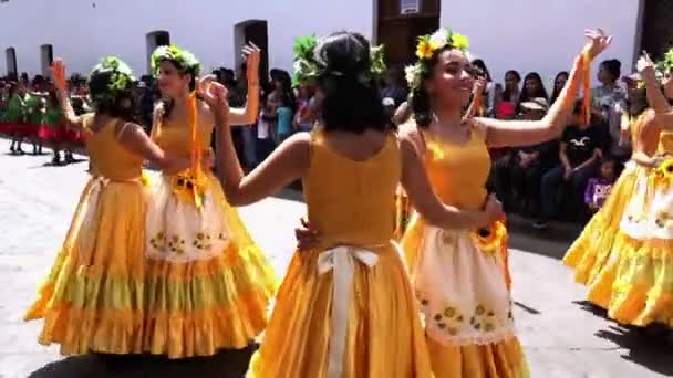 Women in Yellow Dresses Dance in Cuenca Independence Day Parade 2016. — Stock Video