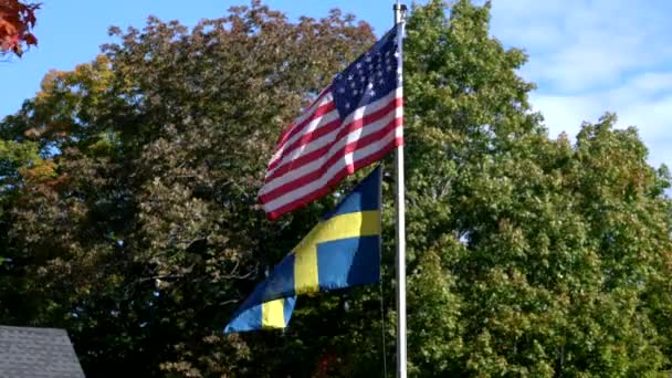 Amerikanische Bürgerkriegsflagge weht über schwedischer Flagge — Stockvideo