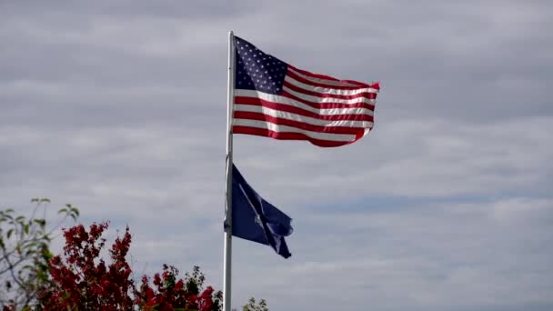 Американский флаг развевается над морским флагом справа от ветра — стоковое видео