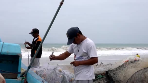 San Pedro, Ecuador - 20180915 - Birds Sit On Sand As Man Fixes Net. — Stock Footage San Pedro, Ecuador - 20180915 - Birds Sit On Sand As Man Fixes Net. Stock Footage