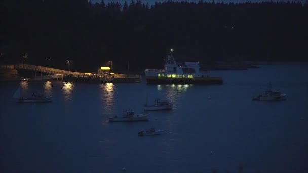 Chebeague island, maine - 20181005 - Drohnen-Zeitraffer aus der Luft 8x - chebeague island ferry erreicht Dock in der Nacht. — Stockvideo