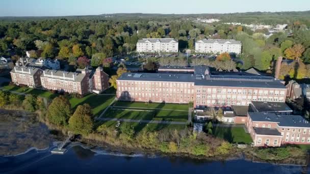 Aerial Drone  -  High Pan Over Property Of Old Textile Factory in Exeter, New Hampshire 4K. — Stock Video