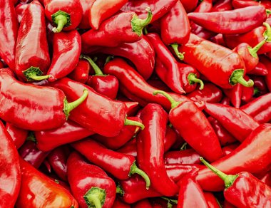 Bir yığın kırmızı poblano biberi.