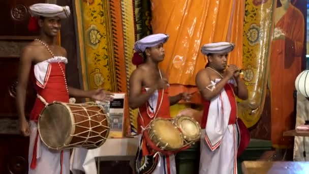 Colombo, Srí Lanka-2019-03-21-chrámová kapela se dvěma bubny a jednou Haranava closeup — Stock video
