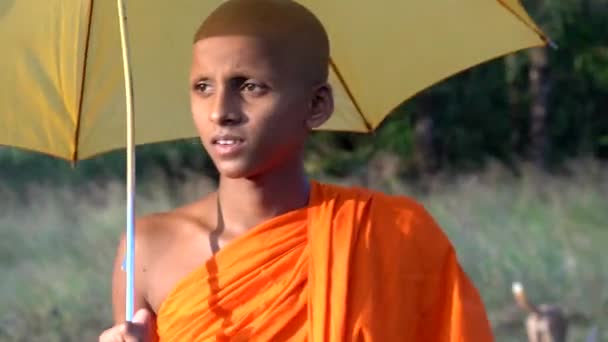 Haberna, Srí Lanka-2019-03-22-closeup mladého mnicha se žlutým deštníkem — Stock video