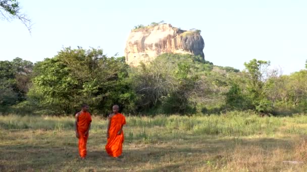 Haberna, Sri Lanka 2019-03-22 - Dos jóvenes monjes caminan hacia la cámara frente a Sigiriya Rock Wide Shot — Vídeo de stock