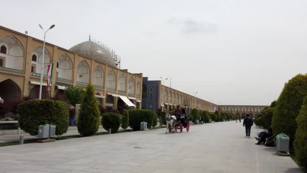 Isfahan, Irán - 2019-04-12 - Paseo en carruaje a caballo alrededor de la plaza Naqshe Cehan 1 - El jinete usa el teléfono para video — Vídeo de stock