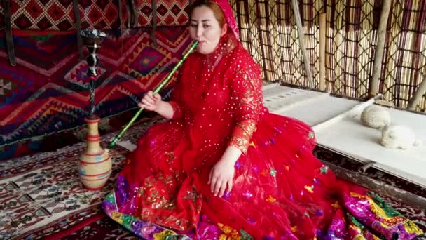 设拉子， 伊朗 - 2019-04-09 - 卡什凯女人在红色礼服烟雾水管 — 图库视频影像