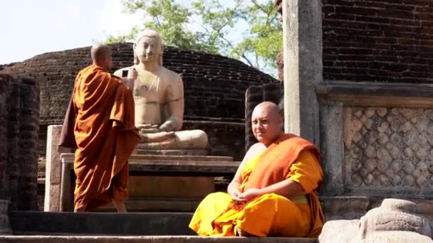 ポロンナルワ, スリランカ - 2019-03-23 - ツアー7の僧侶 - 座っている仏とポーズ — ストック動画