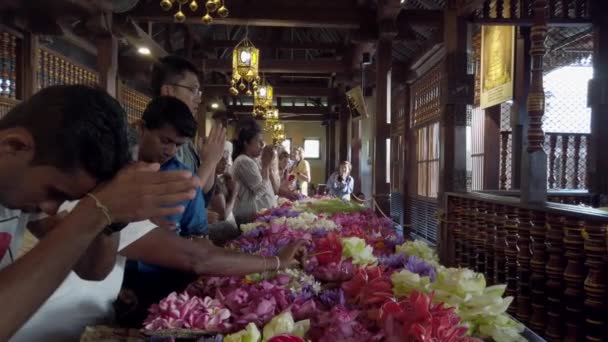 Kandy, Sri Lanka - 03-09-24 - As pessoas colocam flores no salão em homenagem a Buda — Vídeo de Stock