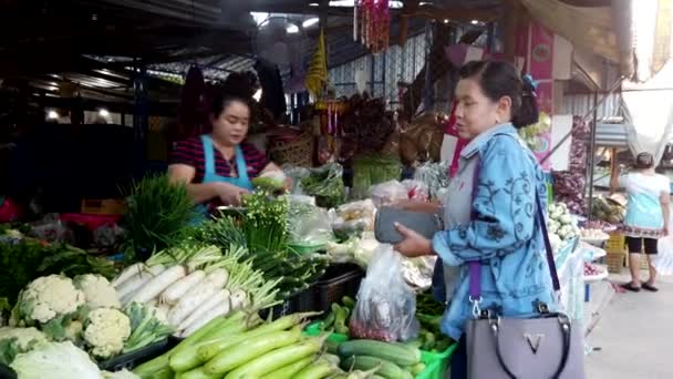 Sukhothai, Tailandia - 2019-03-06 - Vendedor de mercado de verduras hace la venta — Vídeos de Stock