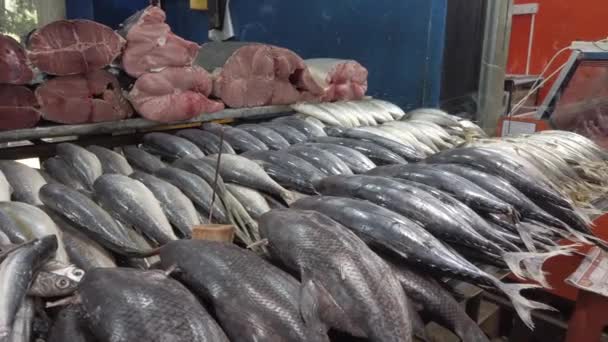 Sardinas en la mesa del vendedor con el incienso ardiendo para mantener las moscas lejos — Vídeo de stock