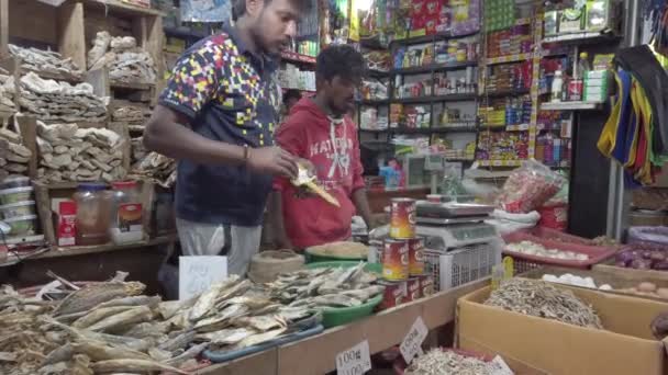 Nuware, Sri Lanka - 2019-03-27 - Vendedor pone precio a los pescados secos — Vídeos de Stock