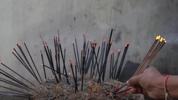 Kataragama, Sri Lanka - 2019-03-29 - Une personne ajoute des bâtonnets d'encens sur la table pour le Dieu hindou — Video