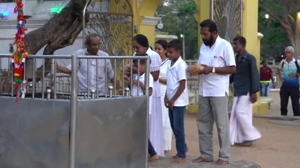 Kataragama, Σρι Λάνκα-2019-03-29-οικογένεια προσεύχεται στη συνέχεια σπάει δοχεία φωτιάς πηλό για να στείλει προσευχές στον ινδουιστικό Θεό — Αρχείο Βίντεο