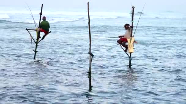 Galle, Sri Lanka - 2019-04-01 - Pescadores inclinados - Dois homens com surfista nadando para fora — Vídeo de Stock