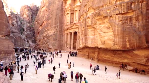 Petra, Jordania - 2019-04-23 - Turistas deambulan frente al Tesoro desde High Vantage 1 — Vídeo de stock