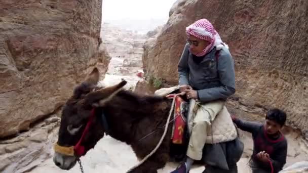 Petra, Jordan - 2019-04-23 - Туристы ездят на ослах в Monestary 1 — стоковое видео