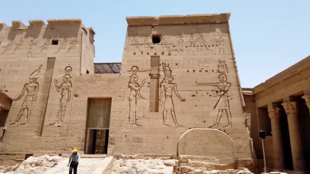 Aswan, Egypte-2019-04-28-Philae Temple-entree wordt beschermd door gigantische Steengravures — Stockvideo