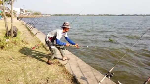 Phayao, Thailand - 2019-03-08 - Fisherman Reels in Small Fish — Stock Video