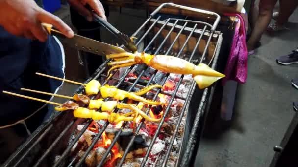 Phayao, Thailand-2019-03-08-mat säljaren nedskärningar bläckfisk på spisen — Stockvideo