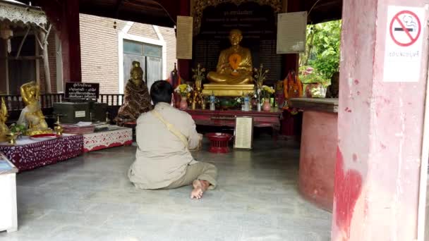 Чиангмай, Таиланд - 2019-03-15 - Женщина сидит на полу и молится Будде — стоковое видео