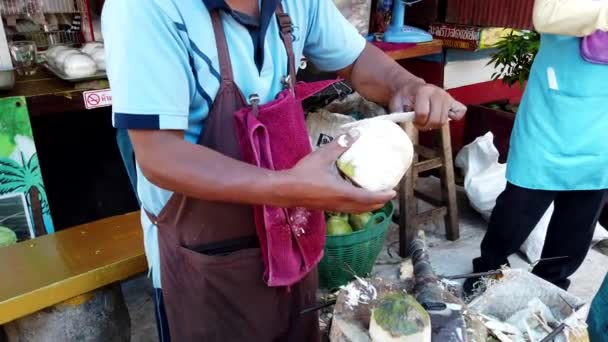 매사옹. 태국 - 2019-03-11 - 관광 물 치료를위한 Curttng 코코넛 — 비디오