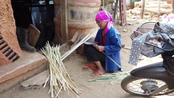 Mae saiong. Thailand - 2019-03-11 - Frau spaltet Bambus, um Taschen herzustellen — Stockvideo