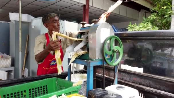 Bangkok, Thajsko-2019-03-17-muž používá stroj k Vymaččování cukru z cukrové třtiny — Stock video