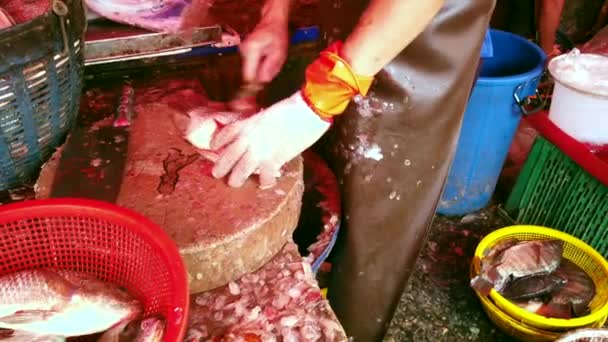 Live tilapia vissen worden gedood en geschaald door de markt leverancier — Stockvideo