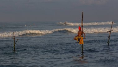 Galle, Sri Lanka-2019-04-01-Sri Lanka stilt balıkçılar akşam yemeği için balık yakalamak için küçük platformlarda tüm gün harcamak