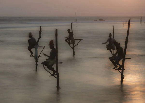 Galle, Sri Lanka - 2019-04-01 - Stilt Fishermen of Sri Lanka Pasa todo el día en pequeñas plataformas para pescar peces para la cena —  Fotos de Stock