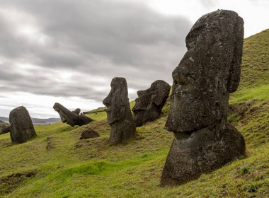 Rano Raraku taş ocağındaki Paskalya Adası 'ndaki Moai Heykelleri