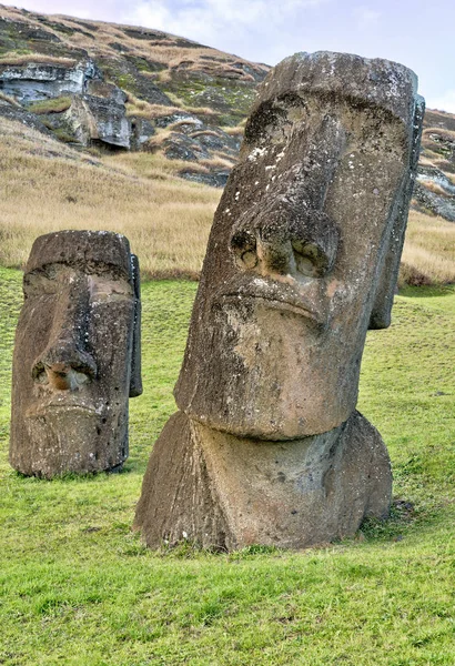 Moai Standbeelden op Paaseiland bij de Rano Raraku steengroeve — Stockfoto