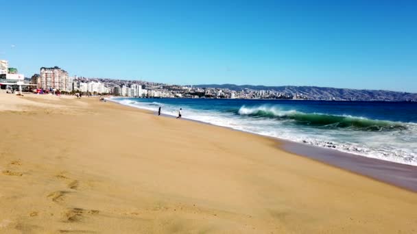 Vina del Mar, Chile - 2019-07-28 - Stadskyline Bakom som Familjer Spela i Surf — Stockvideo