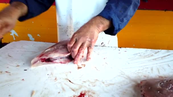 Fiskare förbereder Reine Fish Turning Skinned Carcass i filéer — Stockvideo