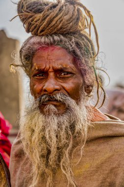 Barsana, Hindistan - 23 Şubat 2018 - Holi festivalinde gri sakallı ve en iyi düğümlü yaşlı adam